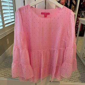 Lilly Pulitzer Zazie flounce top in light pink with silver/gold metallic detail.